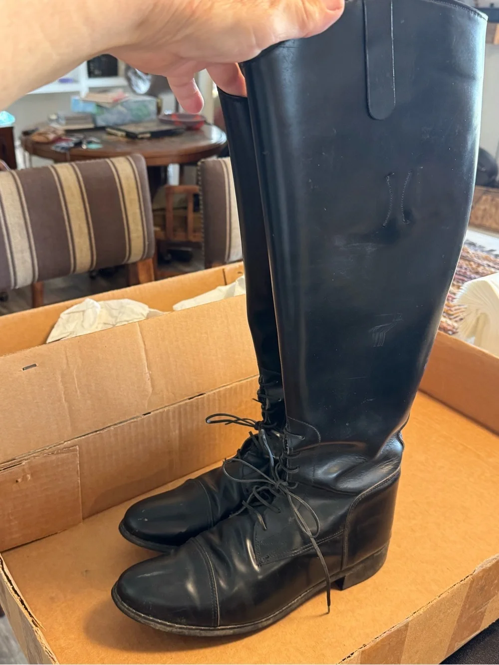 English Equestrian Black Leather Tall Riding Boots Sz 9